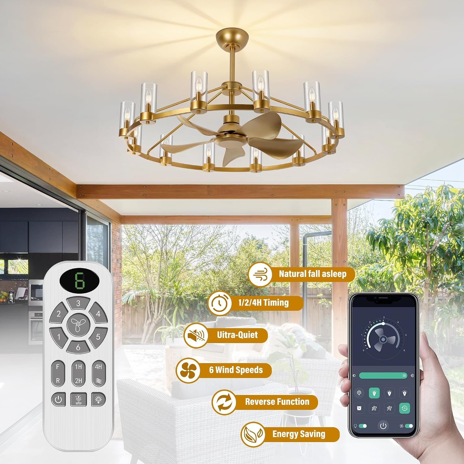 Gold wagon-wheel chandelier fan installed in a bright patio-style room with remote and smartphone app graphics