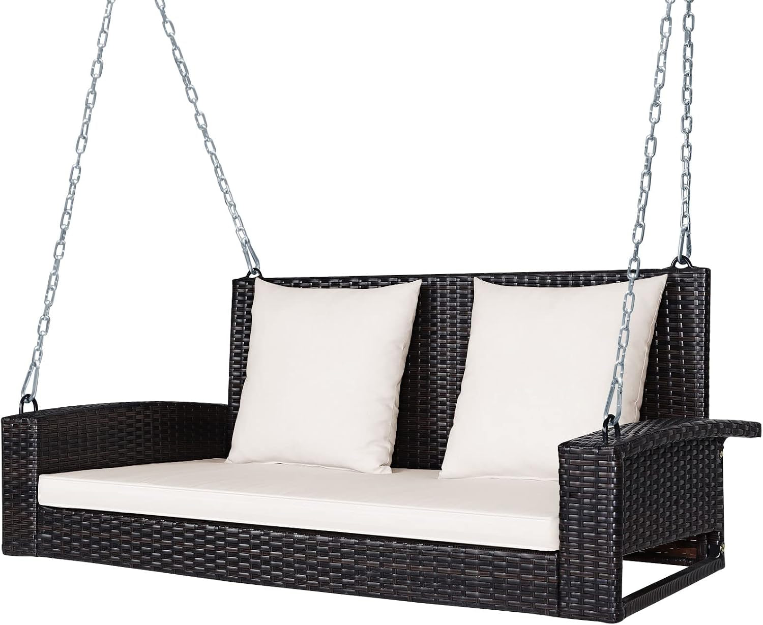 Three-quarter front view of a dark wicker hanging swing with cream seat cushion and two cream back pillows.