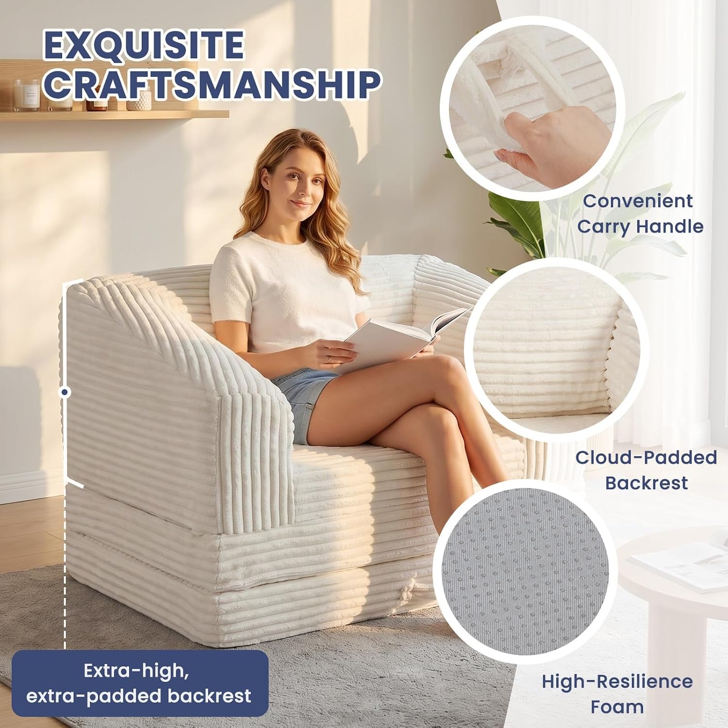 Beige sofa in sofa mode showing carry handle, padded backrest, and anti-slip base details