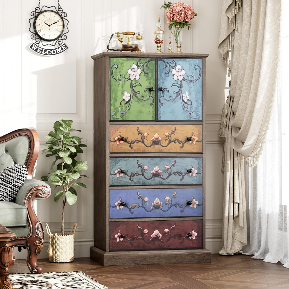 Tall chest with floral doors in a bright living room, showing wooden top with decorative objects