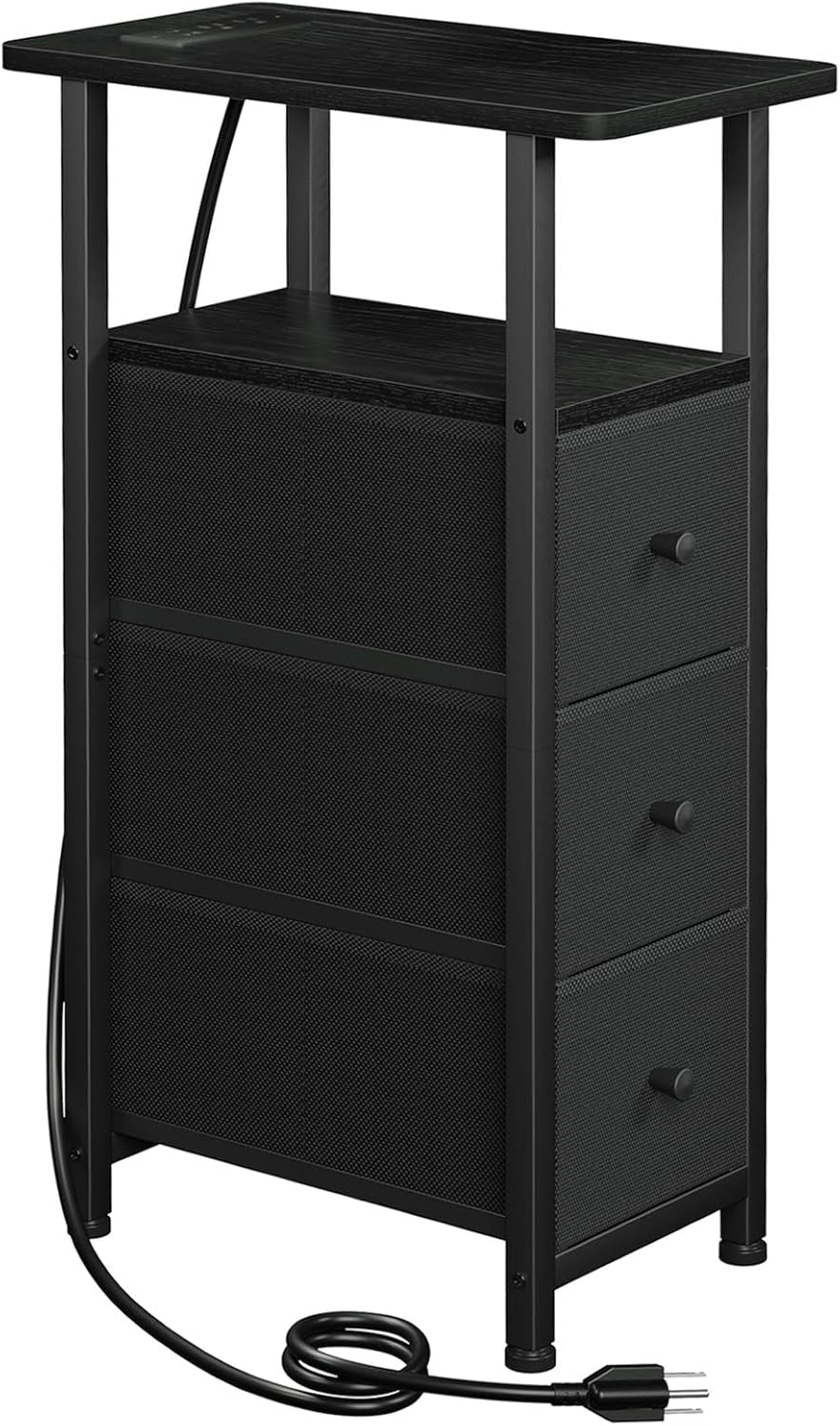 Black narrow end table with three fabric drawers and power cord coiled at base
