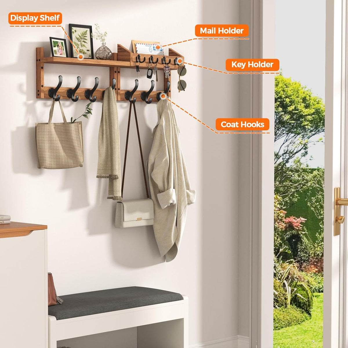 Mounted rack with orange callouts pointing to display shelf, mail holder, key holder and coat hooks