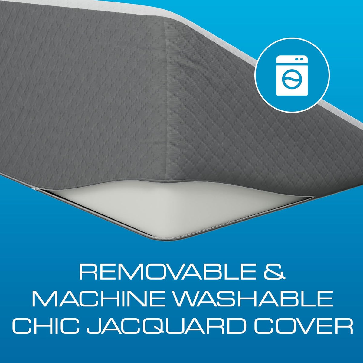 Close-up cross-section of a white-top wedge pillow showing the layered top and gray side against a blue background