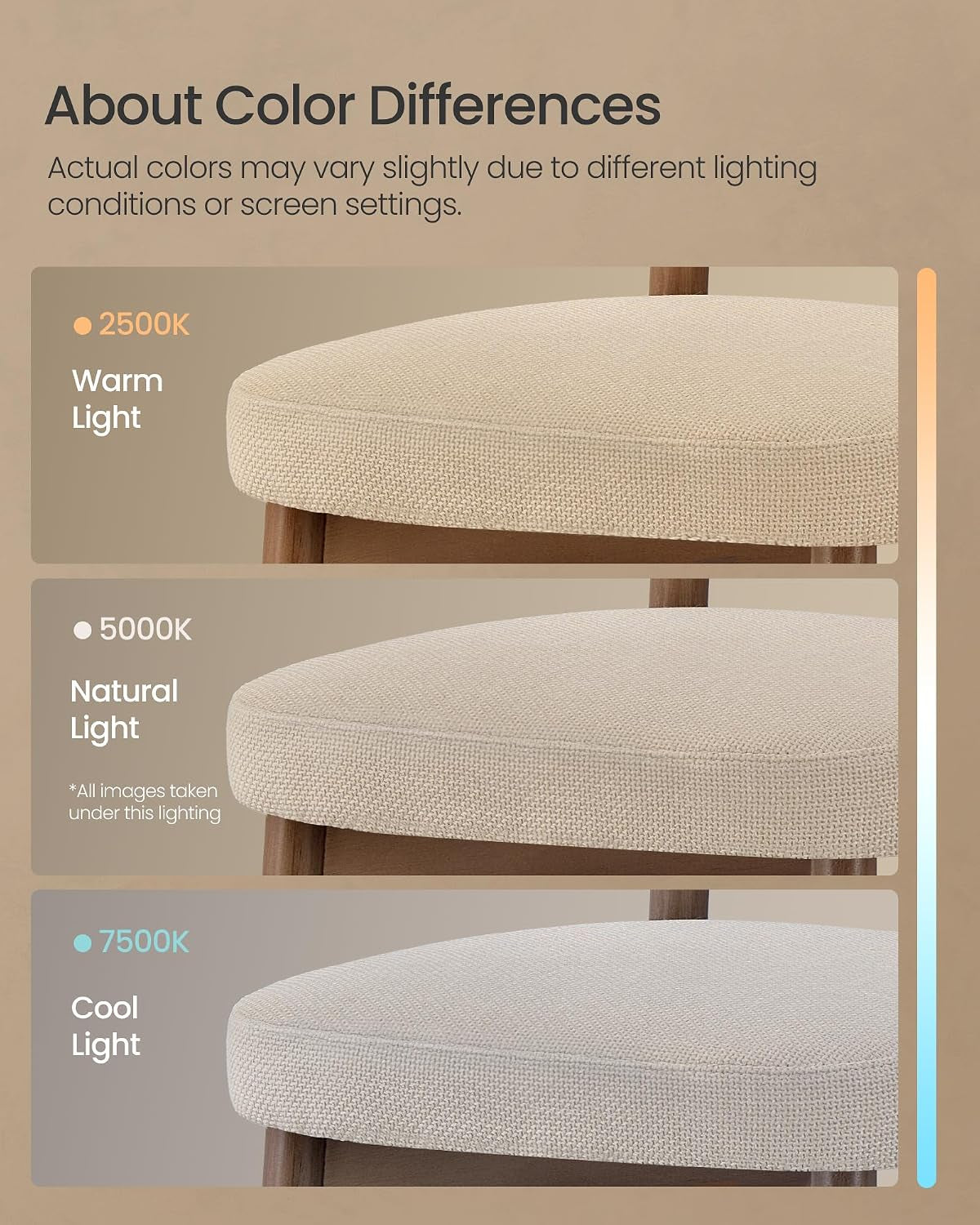 Three stacked close-ups of the same beige seat cushion shown under warm, natural, and cool lighting.