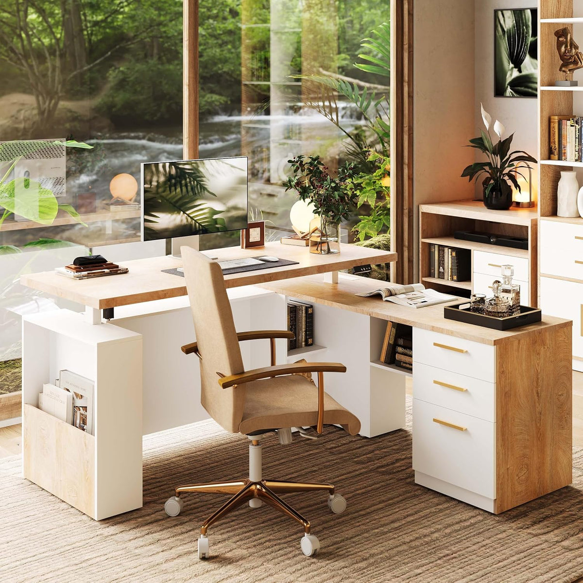 Front-right view of L-shaped desk showing three-drawer wood-and-white cabinet, beige swivel chair, and open cubby shelves.