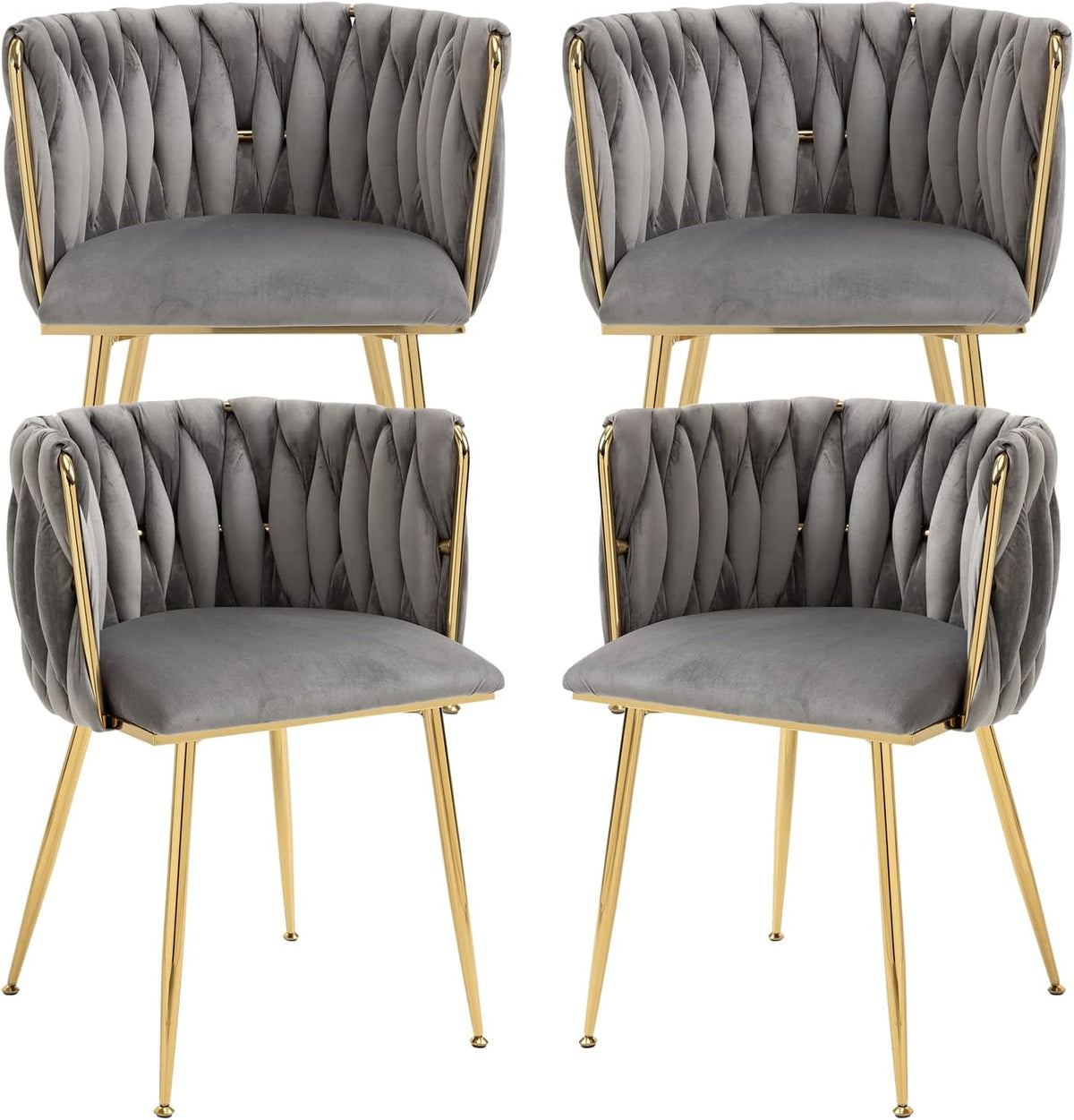 Four gray velvet dining chairs with tufted curved backs and gold metal legs arranged in a grid