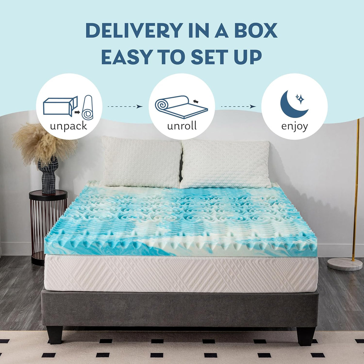 Top-down bedroom view of the full egg crate gel memory foam topper installed on a mattress in a staged room