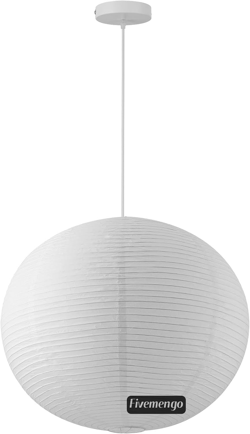 Front studio view of the white paper globe pendant with matching white canopy and long straight cord.
