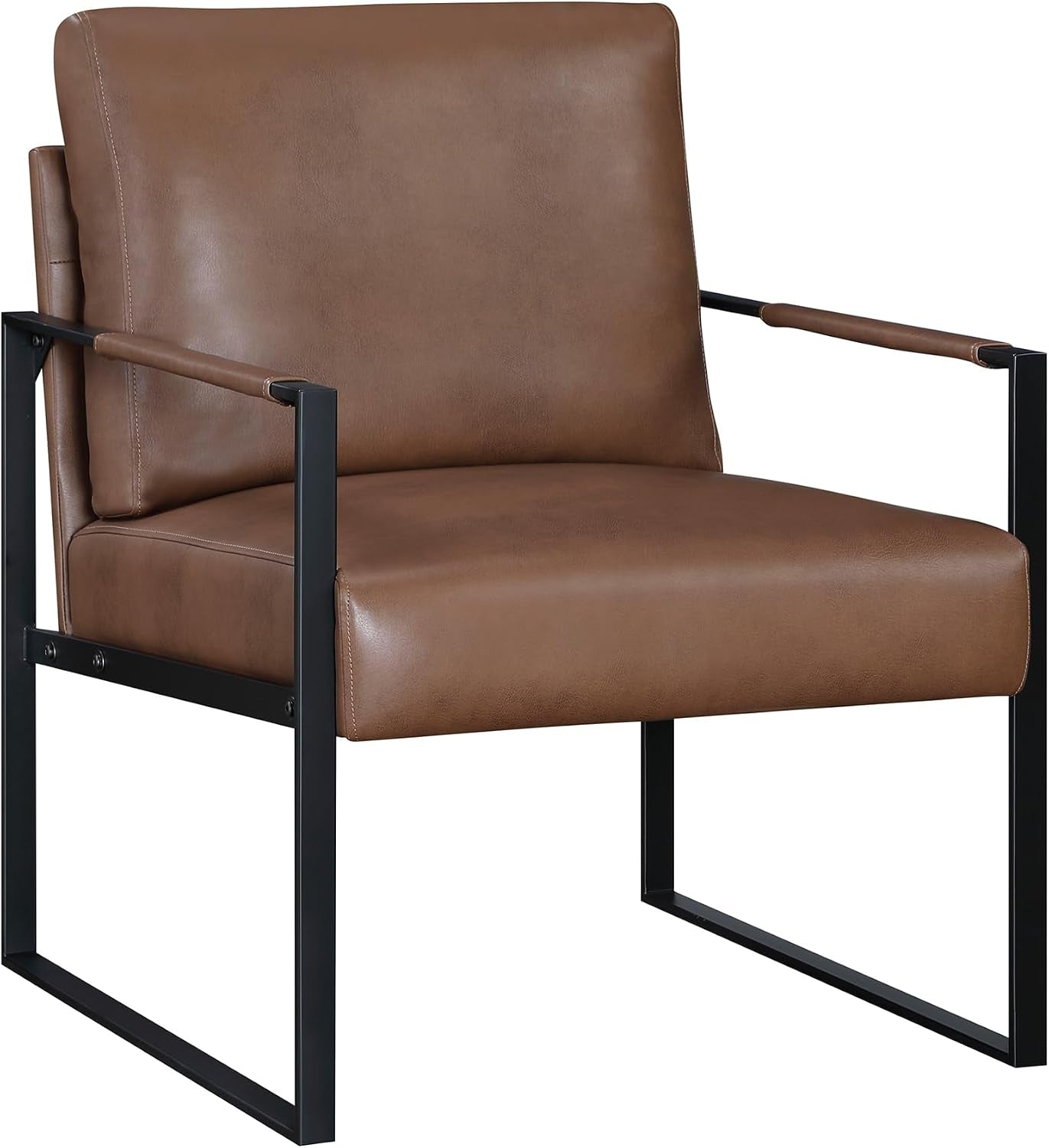 Close-up angled view of brown faux leather padded seat and black metal leg frame