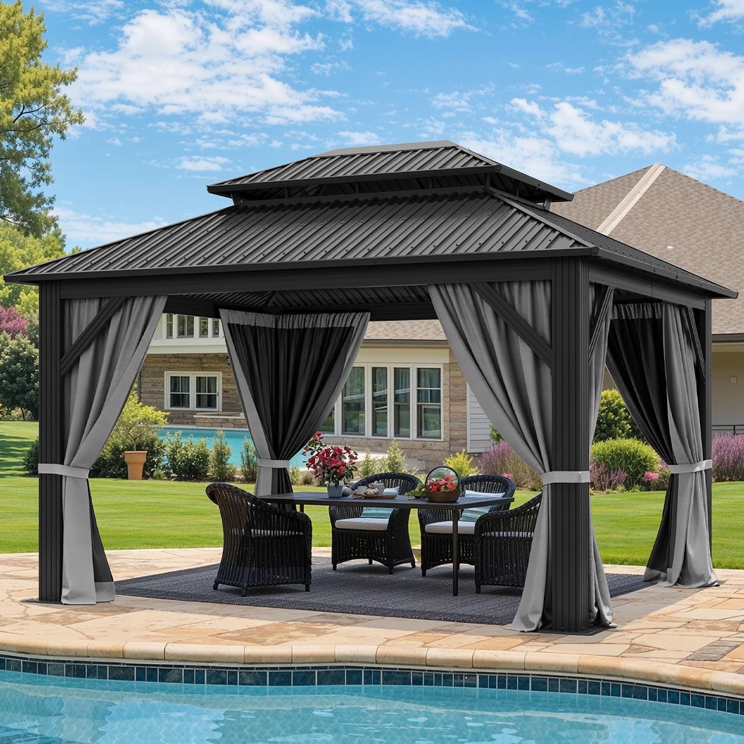 Dark metal gazebo with curtains beside a swimming pool and outdoor dining set on a rug