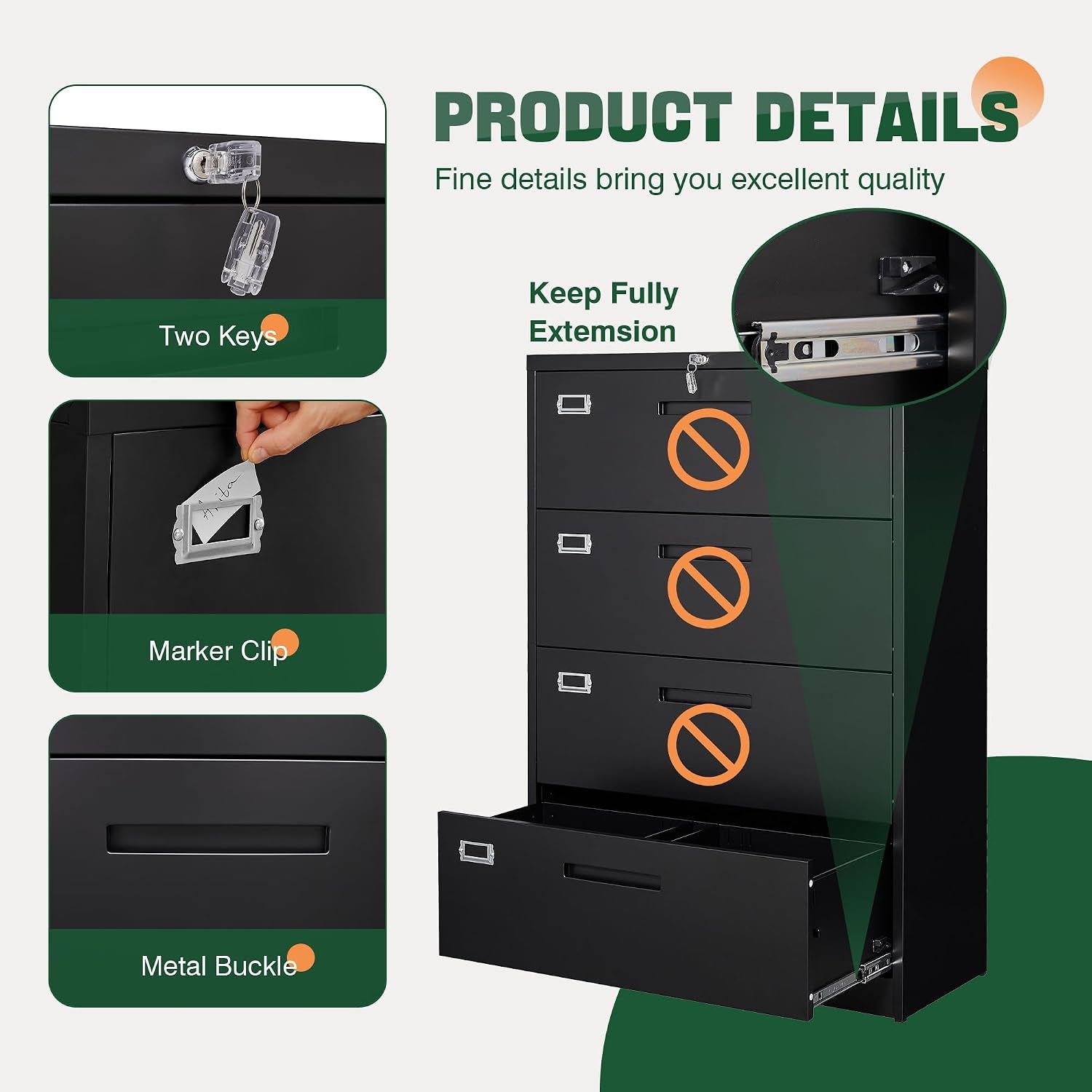 Collage showing lock with two keys, a label/marker clip, a recessed handle, and a partially open drawer with slide rail