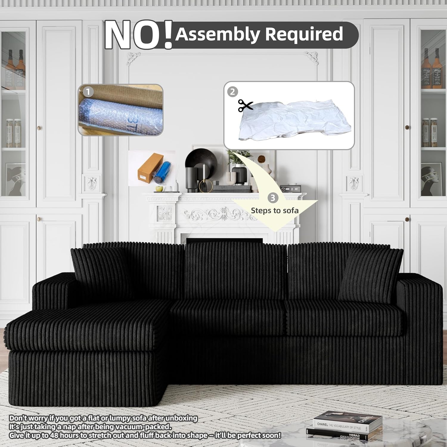 105" Modular Sectional Sofa, Boneless L Shaped Couch with Deep Seat, Cloud Foam Couch with Oversized Chaise, Plush Corduroy Sofa No Assembly Needed for Living Room, Black