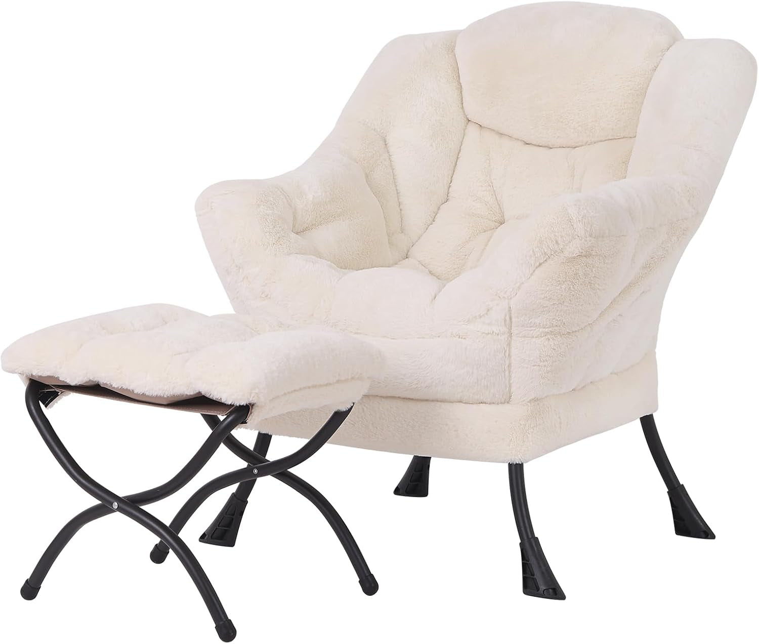 Three-quarter view of a plush cream-colored lounge chair with matching cushioned ottoman on black metal legs.