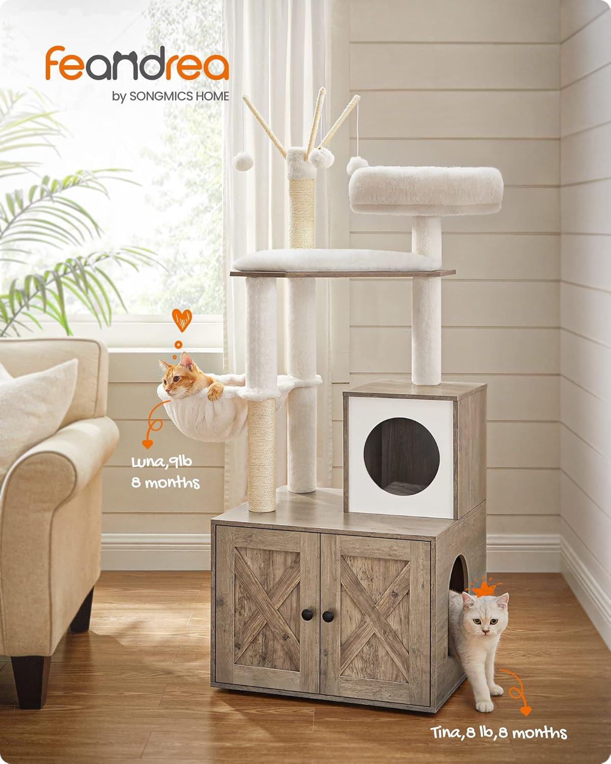 Cat condo placed in a living room setting with a hammock, white plush perches and a wood-tone cabinet