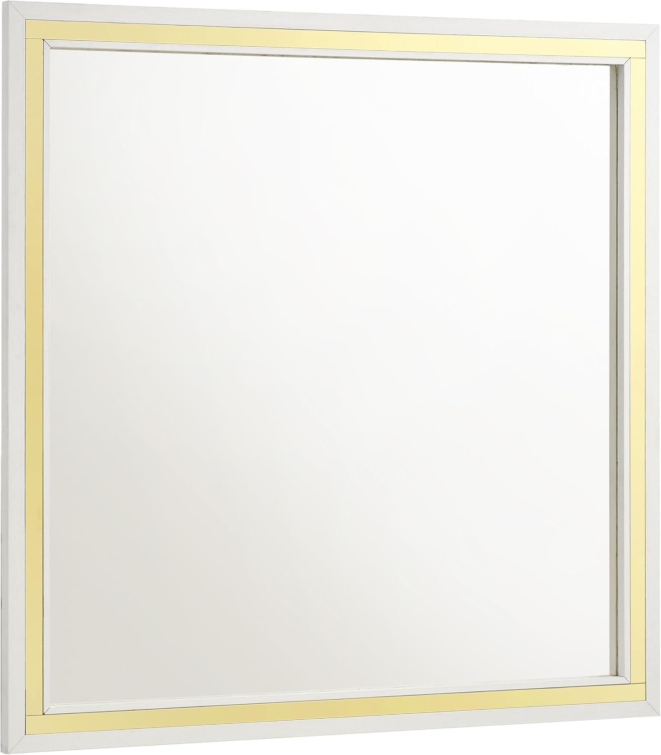 Angled close view of a square mirror showing white outer frame and recessed gold inner trim miters