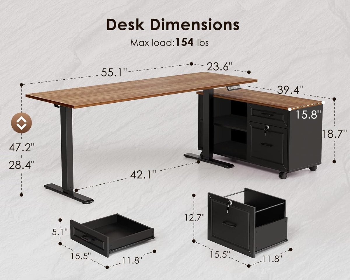 Graphic illustration of desk dimensions showing 55.1"×23.6" top, cabinet top 39.4"×15.6", and adjustable height measurements