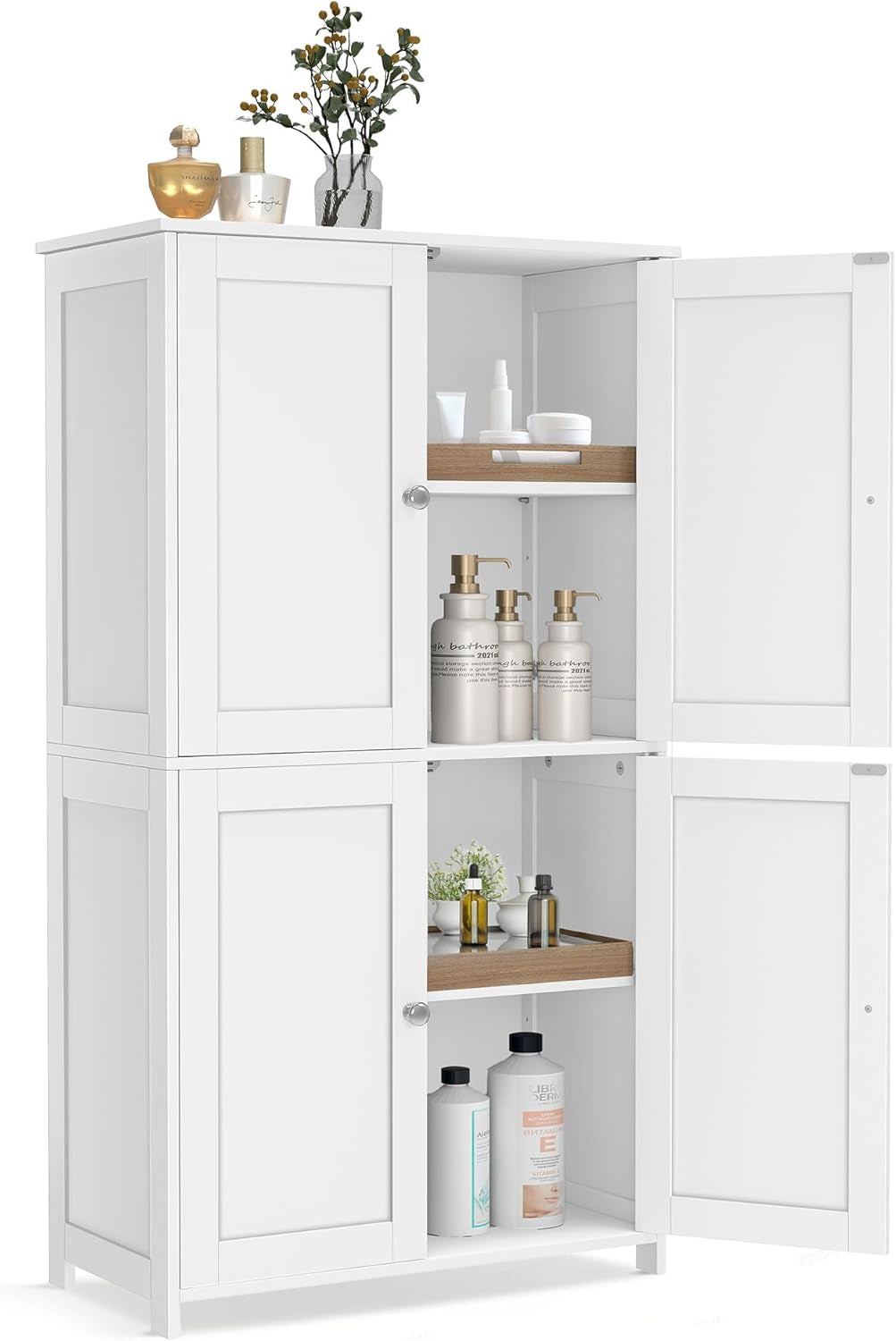 Tall white freestanding cabinet with four doors open showing two interior shelves and assorted bottles