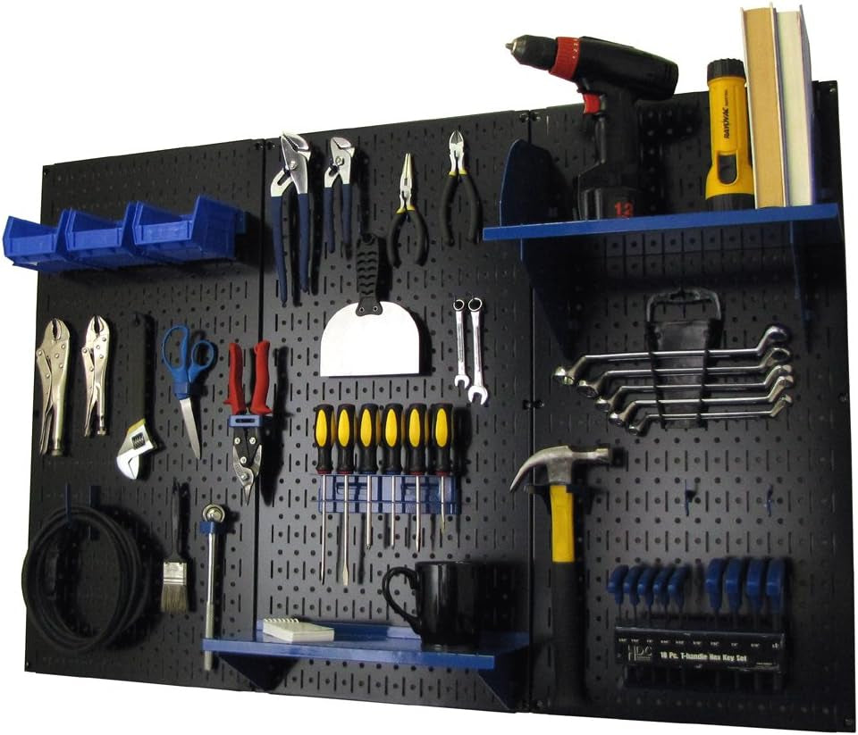 Black metal pegboard showing shelves, blue bins and various hand tools organized on hooks