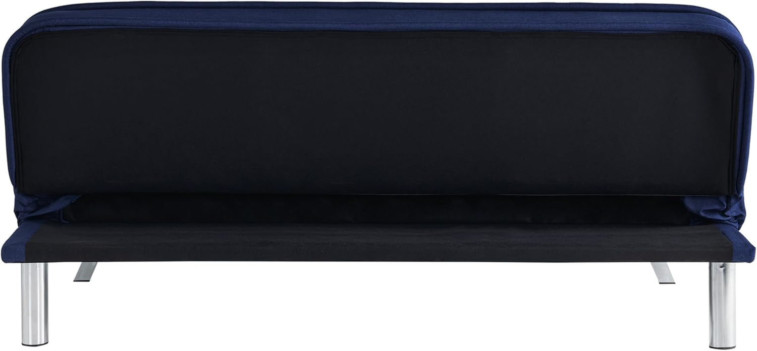 Rear view of futon sofa showing black underside panel and metal legs