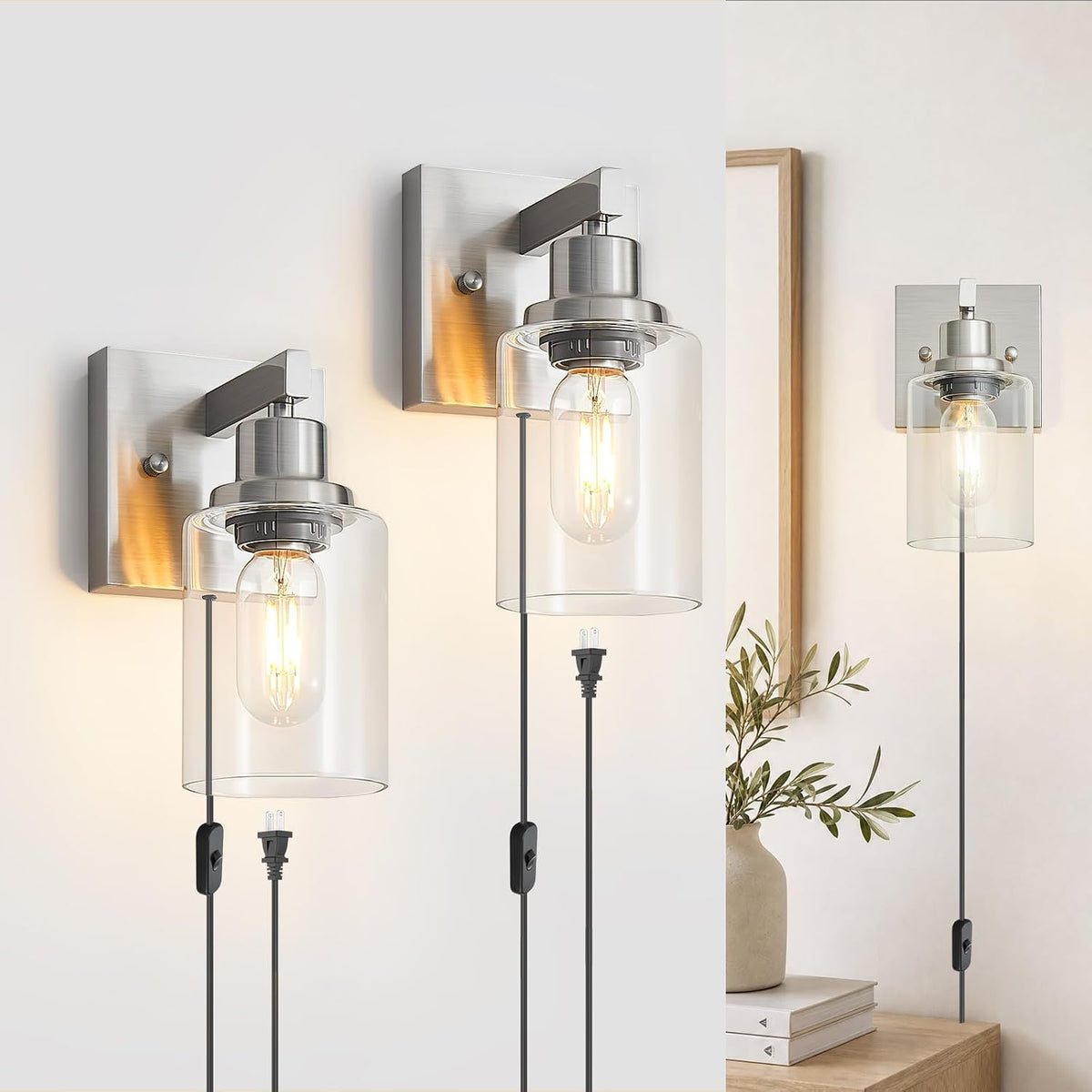 Three wall-mounted examples showing single and double fixtures with cords and inline switches