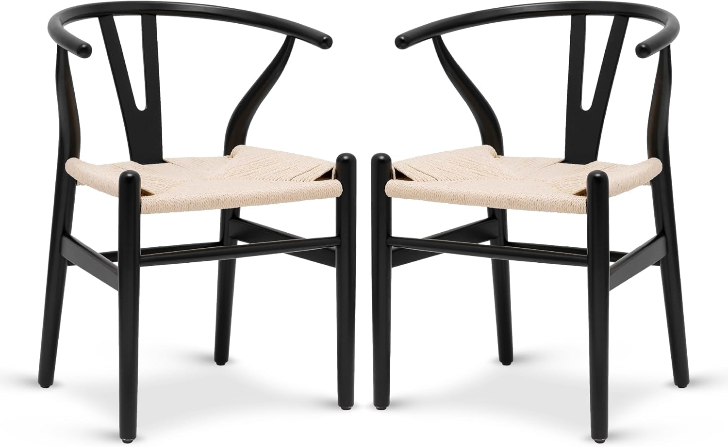 Two black wishbone dining chairs with natural woven seats positioned side by side.