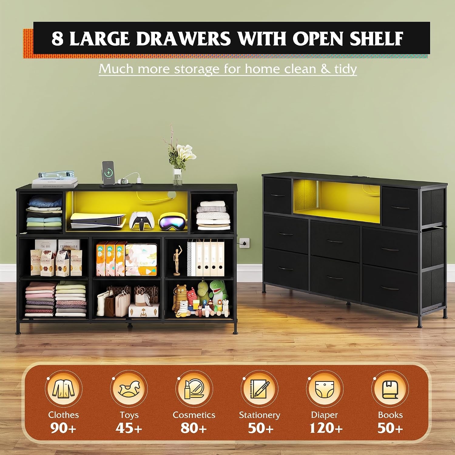 Two dresser configurations side by side demonstrating 8 large drawers and open shelf storage