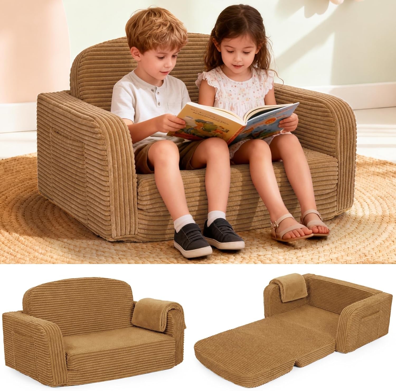 Two children reading on a tan corduroy toddler sofa with folded and unfolded views beneath