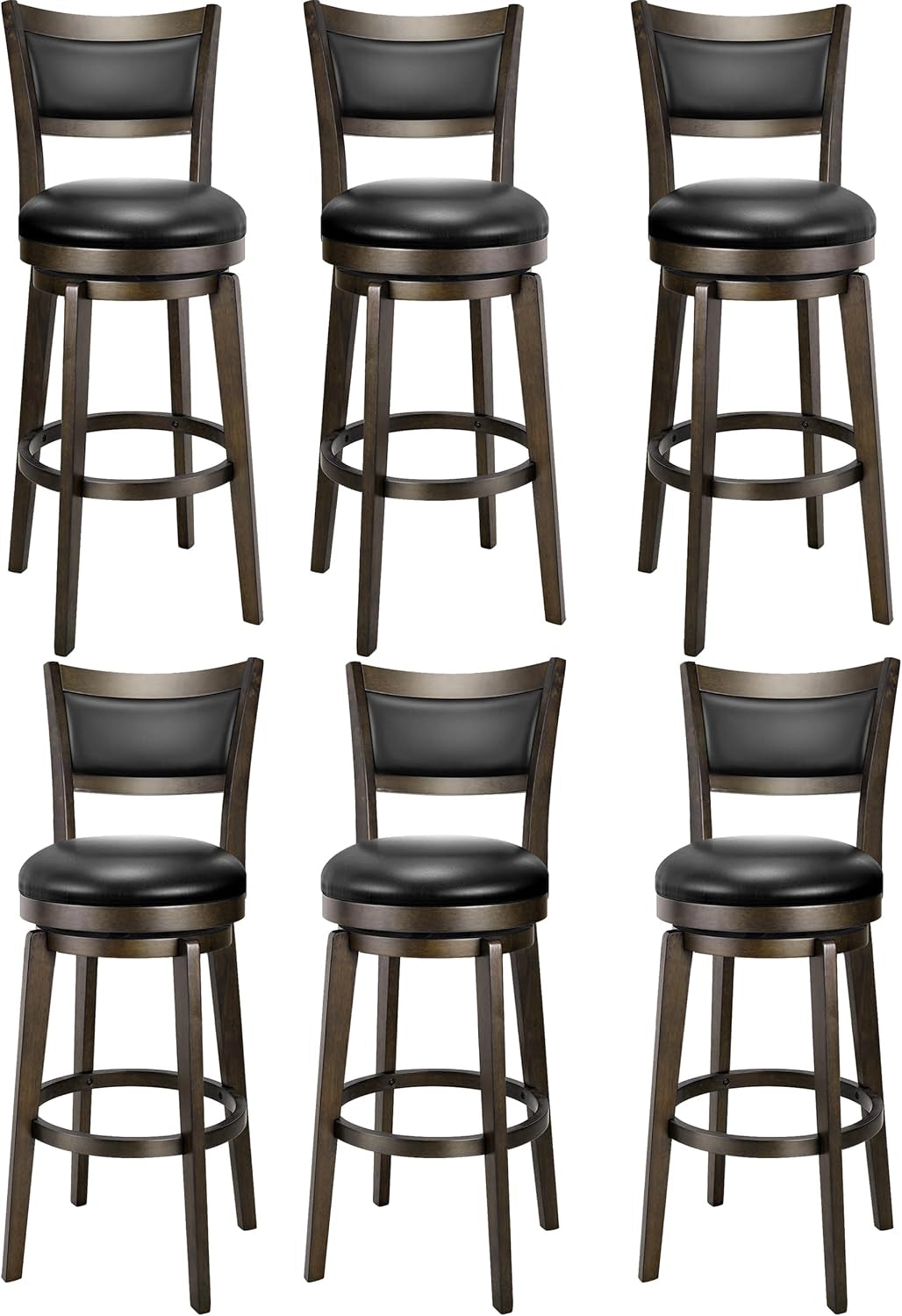Six bar stools arranged in two rows of three, dark wood frames and black cushioned seats on white background.