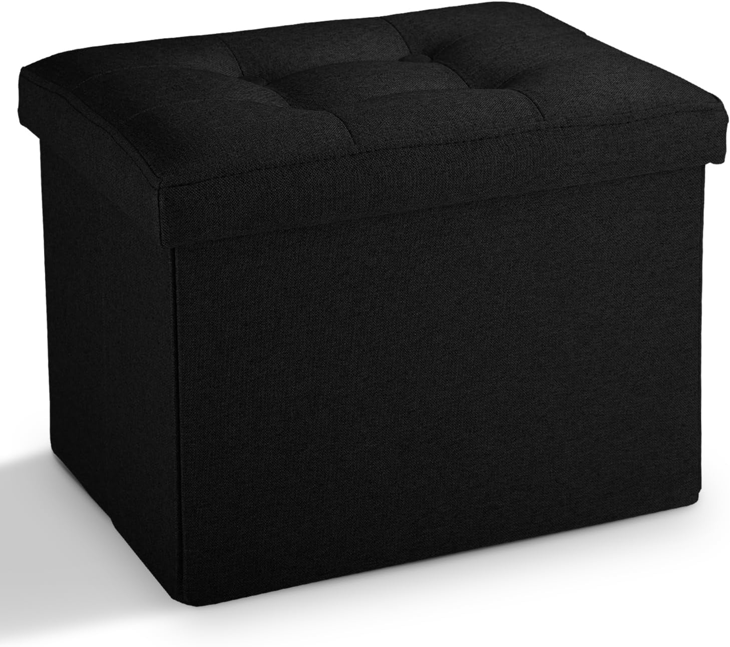 Black fabric storage ottoman with padded tufted lid shown at a slight angle.