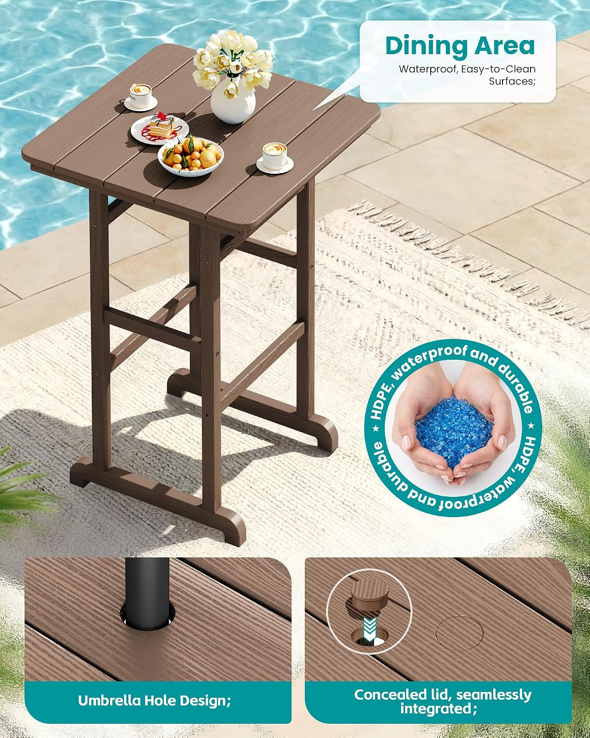 Top view of the square tabletop with small plates and a graphic callout indicating waterproof HDPE surfaces
