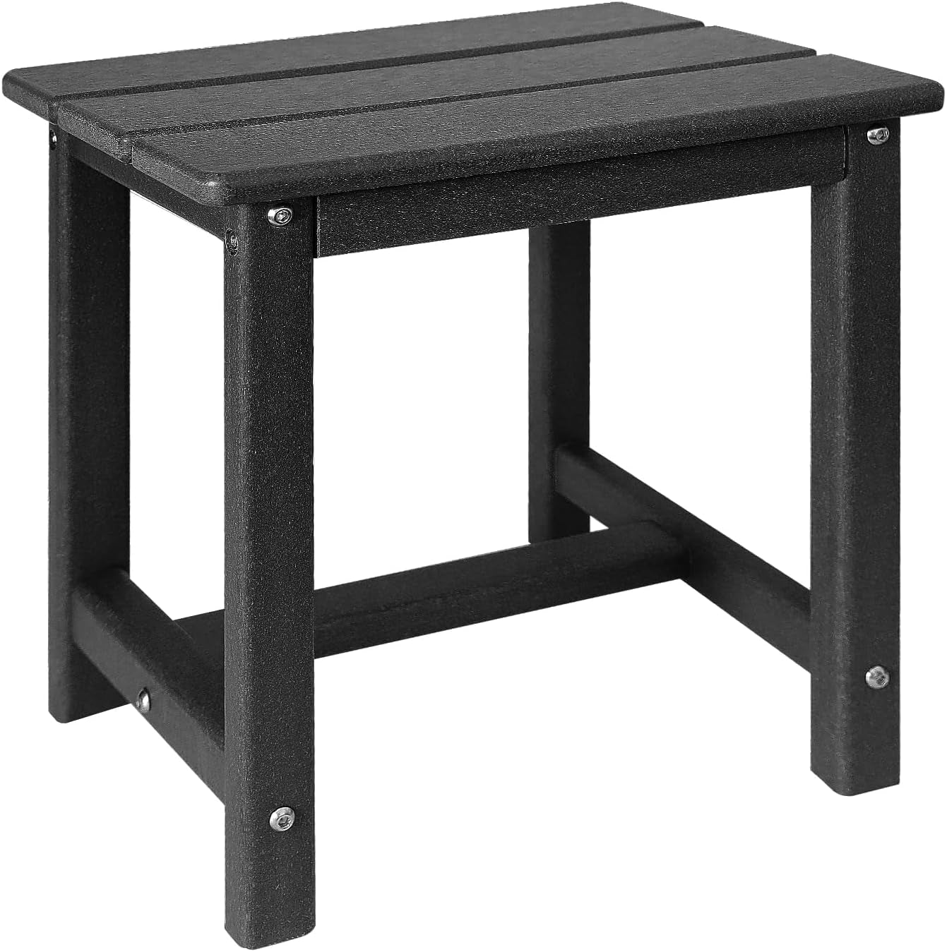 Close angled view of black two-tier outdoor side table showing top slats and corner hardware