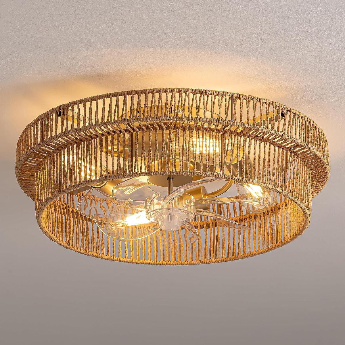 Flush‑mount rattan caged ceiling fan in retro brown mounted on a ceiling with lights on.
