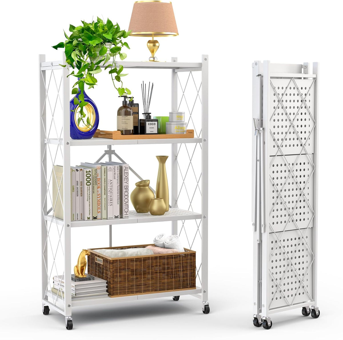 White 4-tier shelf shown assembled with decor on one side and the unit folded upright on the other.