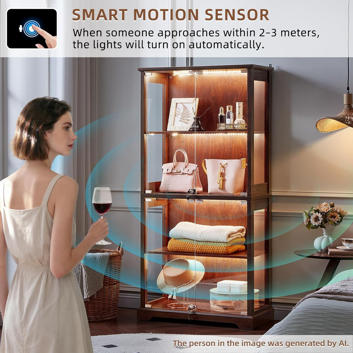 Walnut cabinet with illustrated motion-sensing LED beams as a person stands nearby to demonstrate sensor range