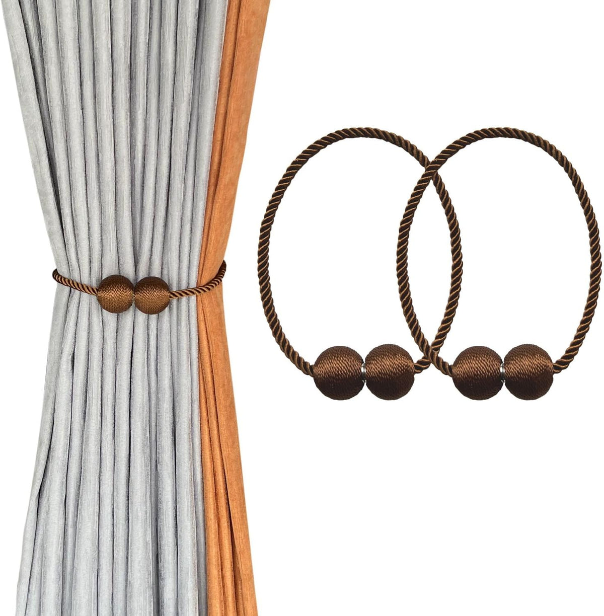 Pair of brown twisted cord magnetic tiebacks with two matching brown spherical accents holding a curtain.