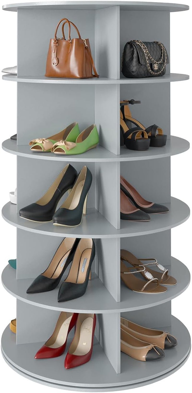 Light gray 7-tier rotating shoe rack with various shoes and two handbags on upper shelf