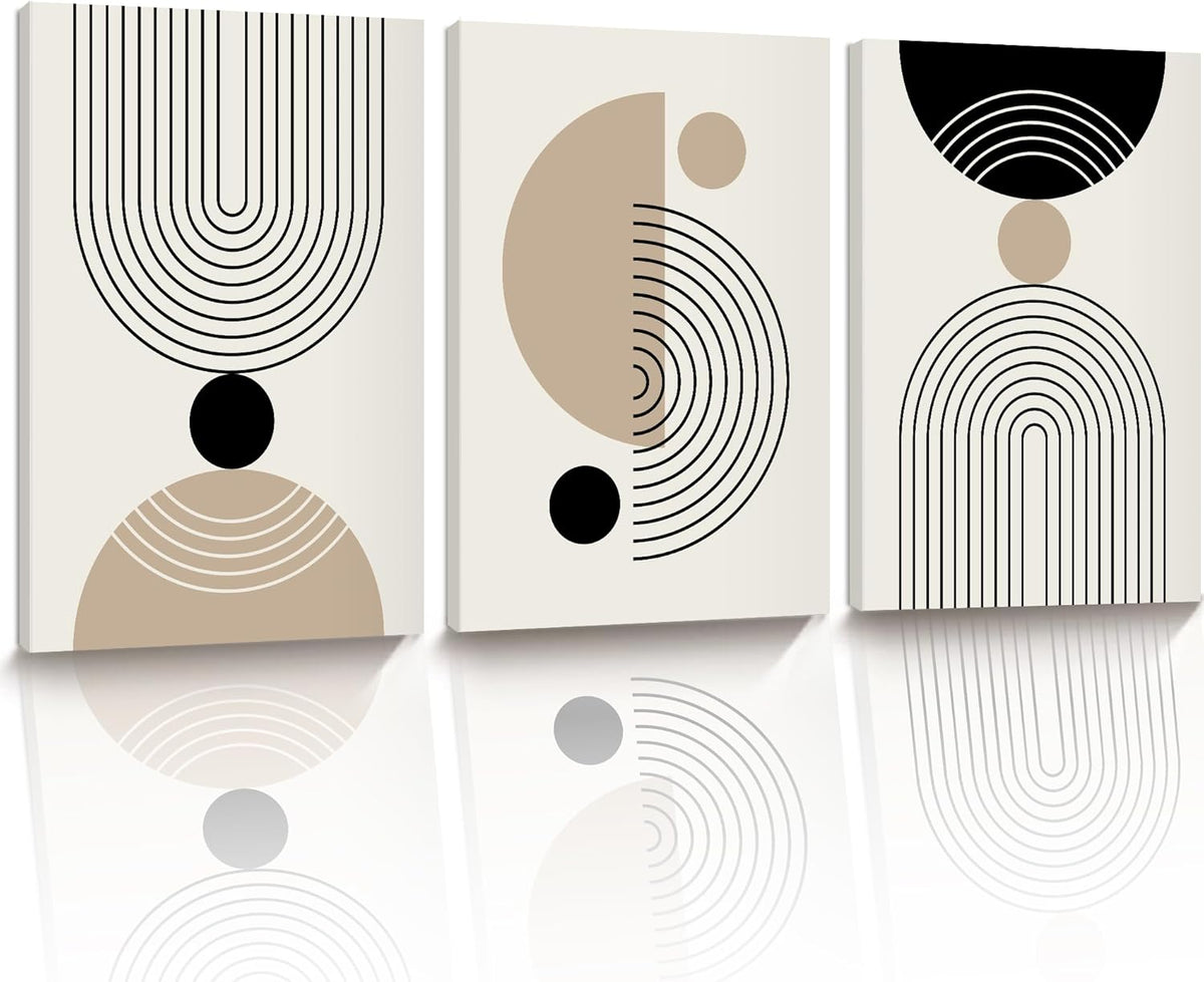 Modern abstract canvas triptych with beige, black and white geometric circles and arches, each shown hanging with floor