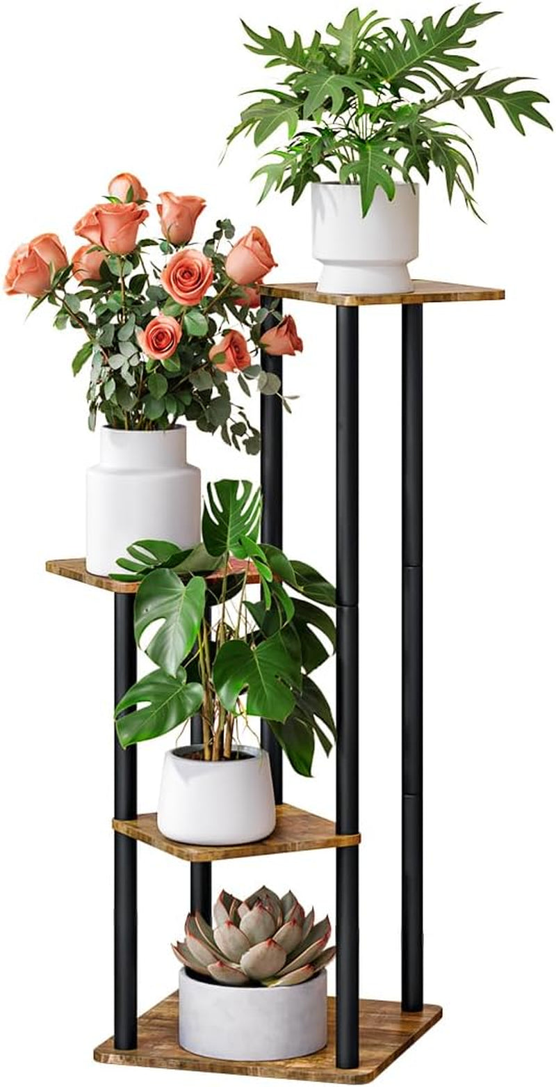 Tight vertical shot of three staggered shelves holding white pots with roses, monstera and a succulent