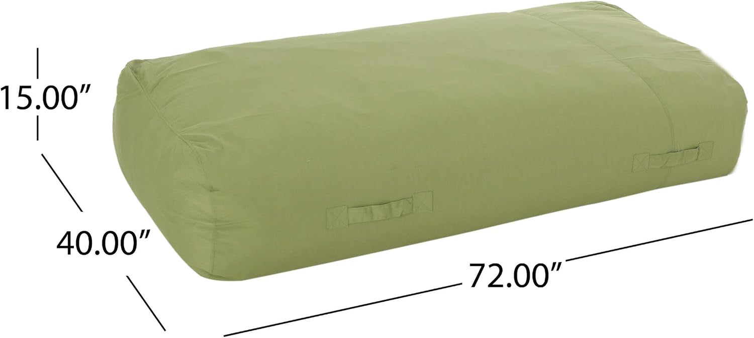 Green floor lounger with overlaid dimensions indicating 72 inches by 40 inches by 15 inches