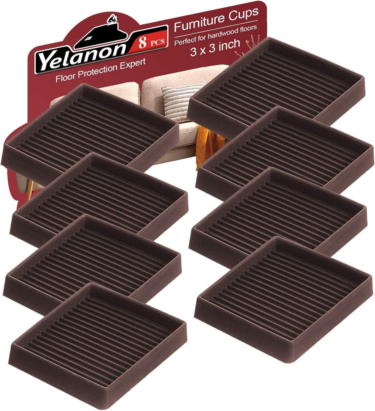 Eight brown square ribbed furniture pads arranged in staggered rows with cardboard backing visible.