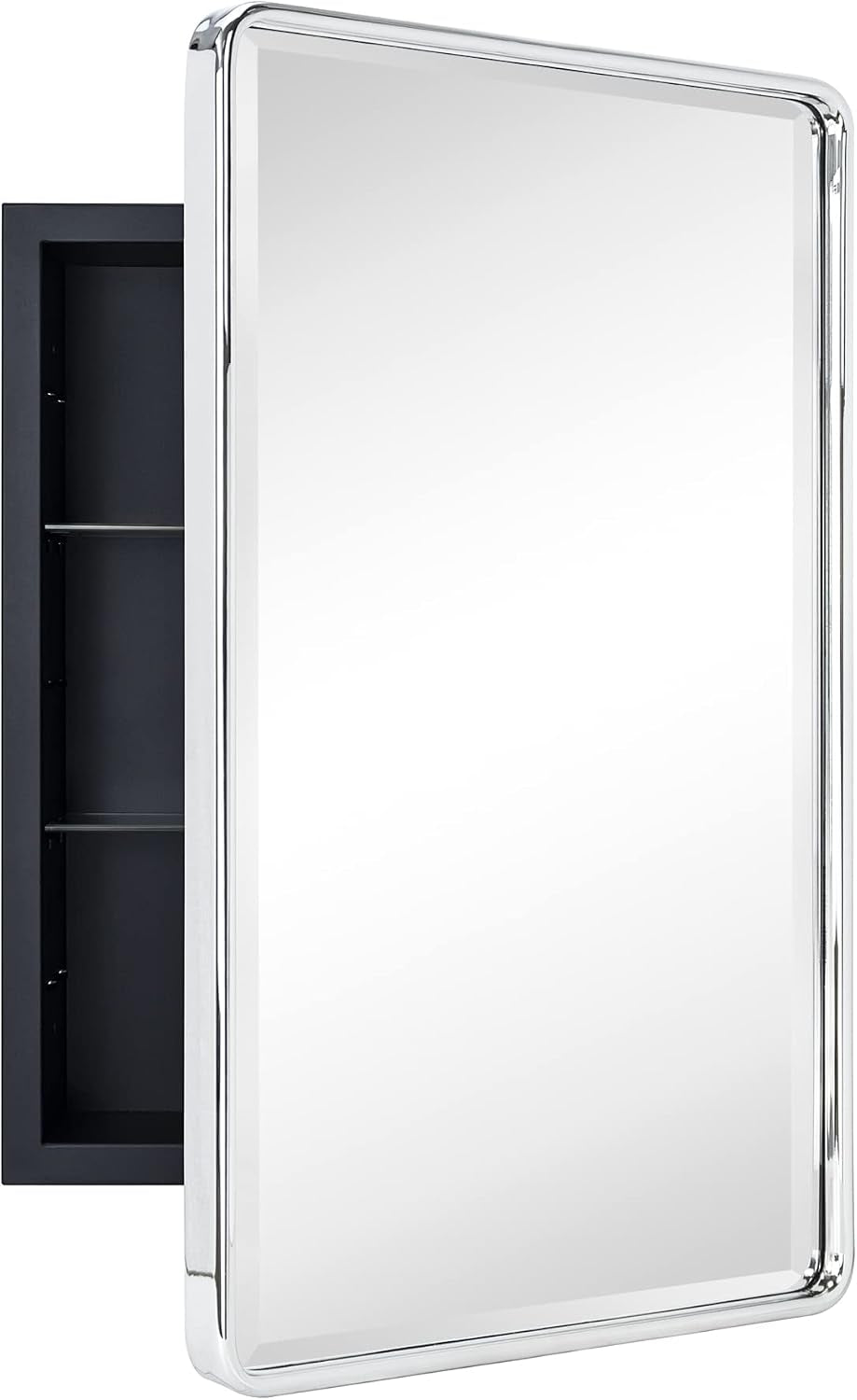 Chrome-framed mirror swung open showing the black cabinet interior and a tempered glass shelf.