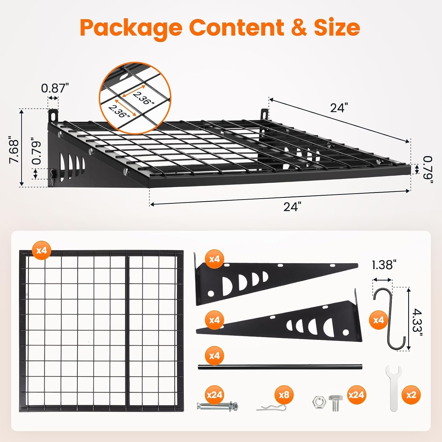 Single black wire-grid shelf with dimension callouts and laid-out hardware, brackets and rod
