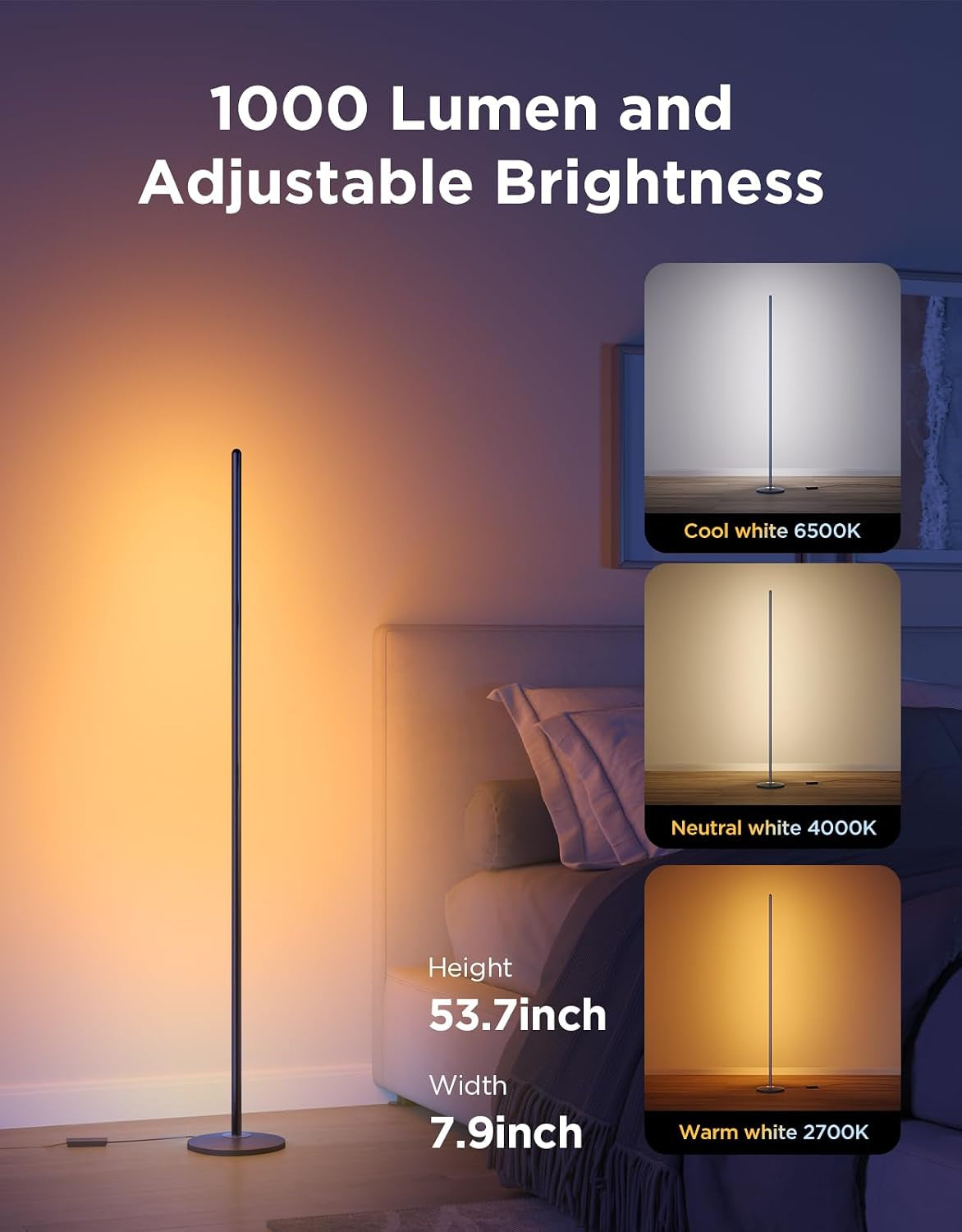 Slim floor lamp beside a bed with callouts showing 1000 lumens and a 53.7-inch height label