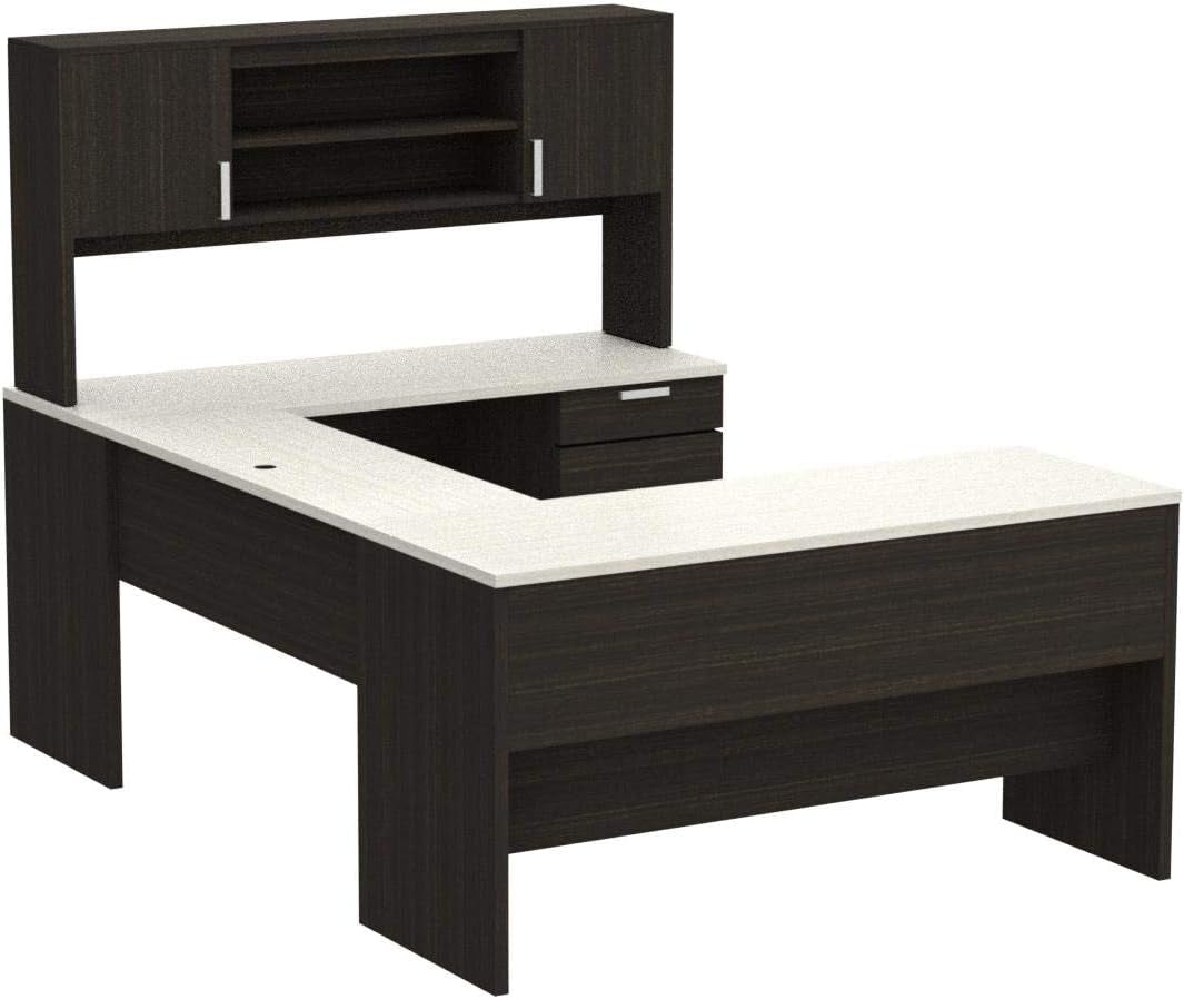 Isolated product render of U-shaped desk and hutch with light desktop and dark wood panels