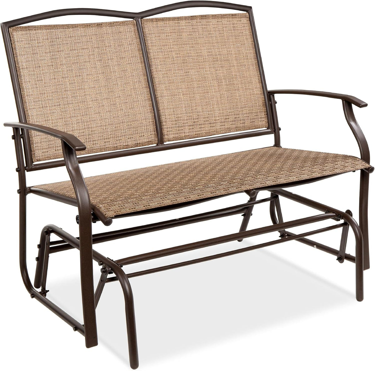 Angled view of the glider in woven tan textilene showing textured seat and bronze-colored frame