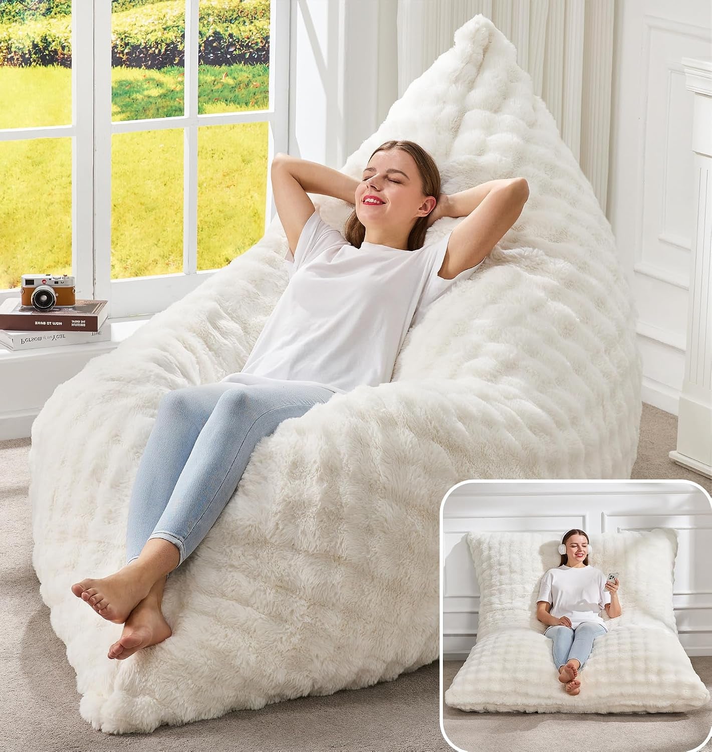 Woman reclining in a large fluffy white faux-fur beanbag chair near a sunny window, inset shows chair flattened into a