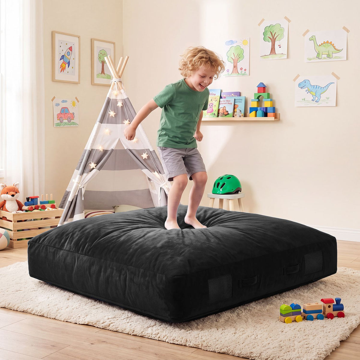 A child jumps on a black cushioned crash pad in a playroom.