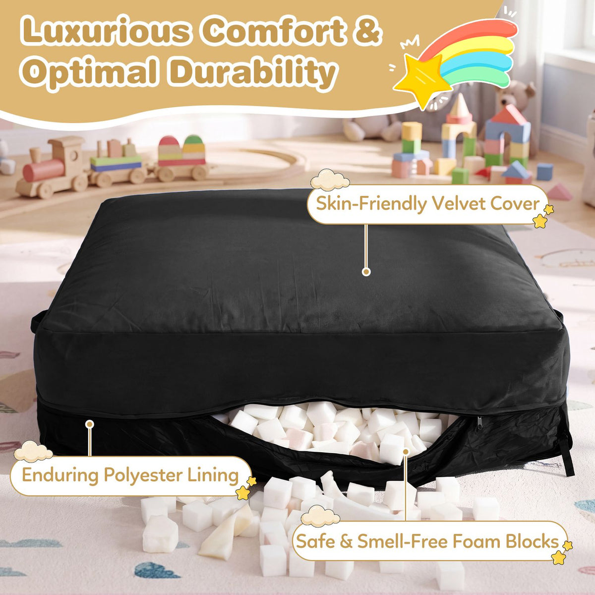 Black crash pad with its cover partly lifted, showing white foam cubes inside.