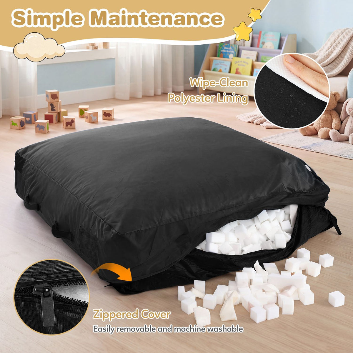 Black crash pad opened to reveal white foam cubes, with close-ups of the lining and zipper.