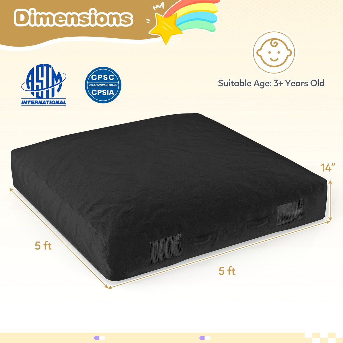 Black square crash pad shown from above at an angle with measurement arrows around it.